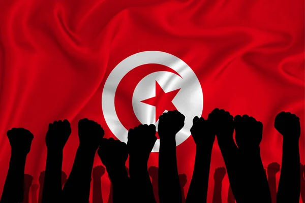 Silhouette Armes Levées Poings Serrés Sur Fond Drapeau Tunisien Concept — Photo