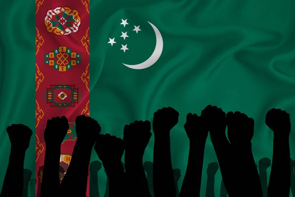 Türkmenistan Bayrağının Arka Planında Kaldırılmış Kolların Silueti Sıkılmış Yumruklar Güç — Stok fotoğraf