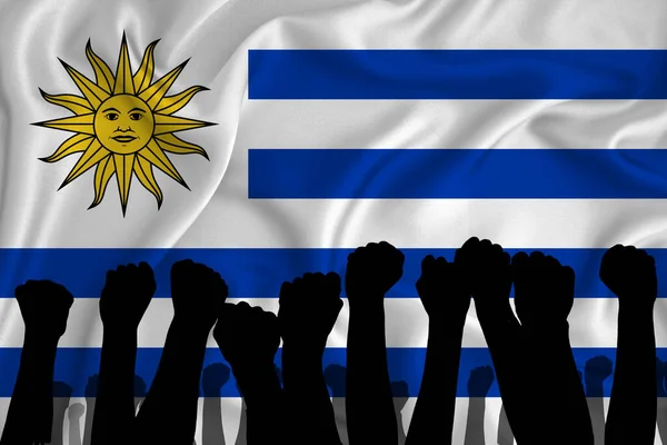 Silueta Zvednutých Paží Zaťatých Pěstí Pozadí Uruguayské Vlajky Koncept Moci — Stock fotografie