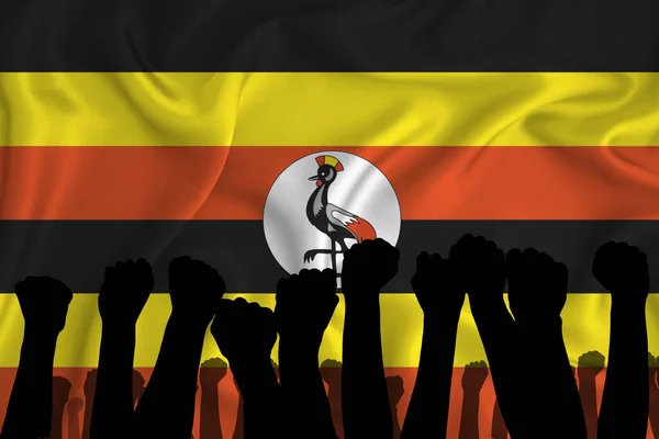Silhueta Armas Levantadas Punhos Cerrados Fundo Bandeira Uganda Conceito Poder — Fotografia de Stock