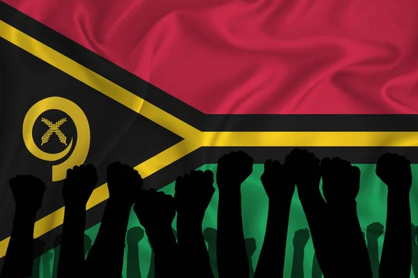 Silhouette Raised Arms Clenched Fists Background Flag Vanuatu Concept Power — Stock Photo, Image