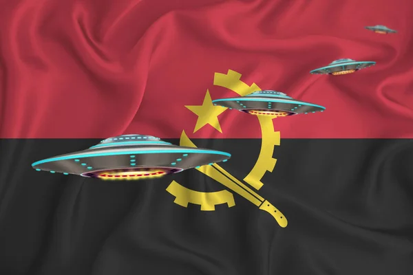 Vifta Med Angolas Flagga Ufo Grupp Bakgrunden Flaggan Ufo Nyheter — Stockfoto