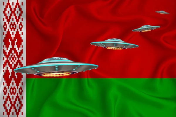 白俄罗斯飘扬的国旗 Ufo小组在旗帜的后面 Ufo新闻在国内的概念 3D渲染 — 图库照片