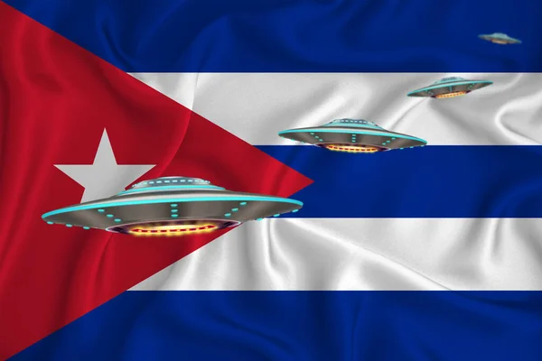 Mávající Vlajkou Kuby Ufo Skupina Pozadí Vlajky Koncept Zpravodajství Ufo — Stock fotografie