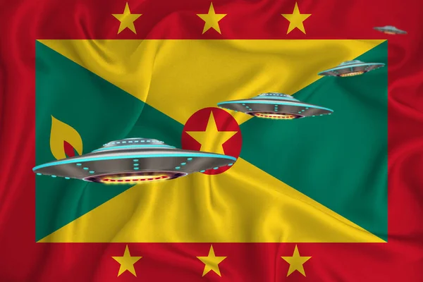 Sallayan Grenada Bayrağı Bayrağın Arkasında Ufo Grubu Var Ülkede Ufo — Stok fotoğraf