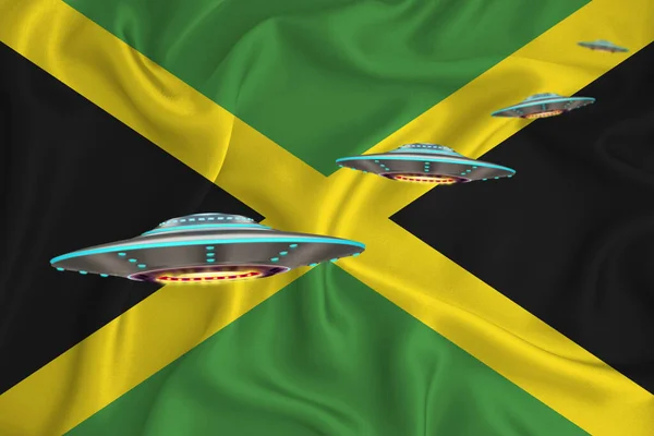 Размахивая Флагом Ямайки Группа Нло Фоне Флага Концепция Новостей Нло — стоковое фото