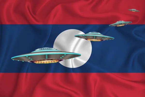 Laos Bayrağı Sallıyor Bayrağın Arkasında Ufo Grubu Var Ülkede Ufo — Stok fotoğraf
