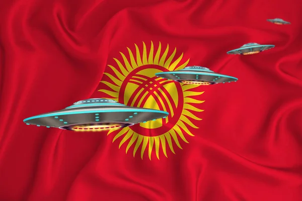 Mávejte Kyrgyzskou Vlajkou Ufo Skupina Pozadí Vlajky Koncept Zpravodajství Ufo — Stock fotografie