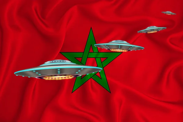 Waving flag of Morocco. UFO group on the background of the flag. UFO news concept in the country. 3D rendering