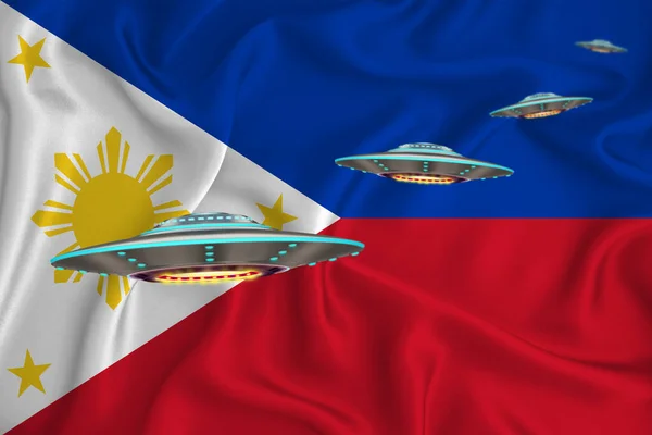 Filipinler Bayrağı Sallıyor Bayrağın Arkasında Ufo Grubu Var Ülkede Ufo — Stok fotoğraf