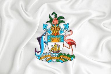 Bahamalar arması olan gelişmekte olan beyaz bir bayrak. Ülke sembolü. İllüzyon. Orijinal ve basit arma resmi renklerde ve doğru oranlarda.