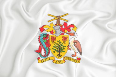 Barbados arması olan gelişmekte olan beyaz bir bayrak. Ülke sembolü. İllüzyon. Orijinal ve basit arma resmi renklerde ve doğru oranlarda.