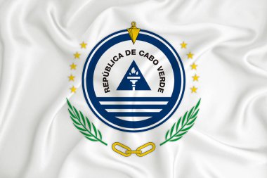 Cape Verde armalı, gelişmekte olan beyaz bir bayrak. Ülke sembolü. İllüzyon. Orijinal ve basit arma resmi renklerde ve doğru oranlarda.