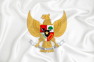 A developing white flag with the coat of arms of Indonesia Garuda Pancasila. Country symbol. Illustration. Original and simple coat of arms in official colors and the right proportion clipart