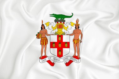 Jamaika armalı, gelişmekte olan beyaz bir bayrak. Ülke sembolü. İllüzyon. Orijinal ve basit arma resmi renklerde ve doğru oranlarda.