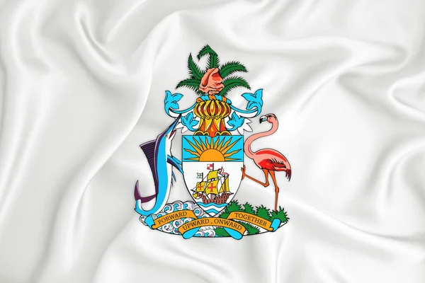 Una Bandera Blanca Desarrollo Con Escudo Armas Bahamas Símbolo Del — Foto de Stock