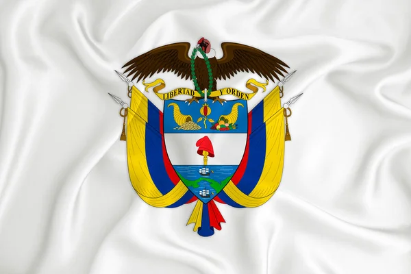 Rozwijająca Się Biała Flaga Herbem Kolumbii Symbol Kraju Ilustracja Oryginalny — Zdjęcie stockowe