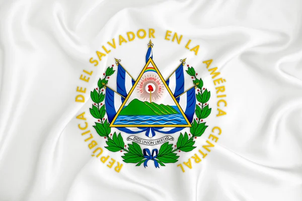 Rozwijająca Się Biała Flaga Herbem Salwadoru Symbol Kraju Ilustracja Oryginalny — Zdjęcie stockowe