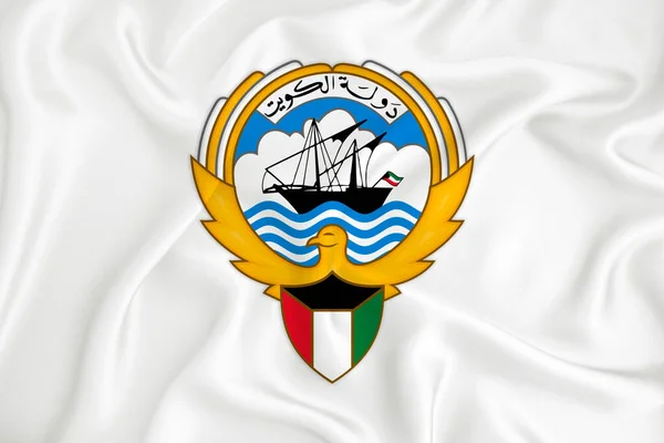 クウェートの紋章を持つ発展途上の白い旗 国のシンボル イラスト 正式な色と適切な割合で腕のオリジナルとシンプルなコート — ストック写真