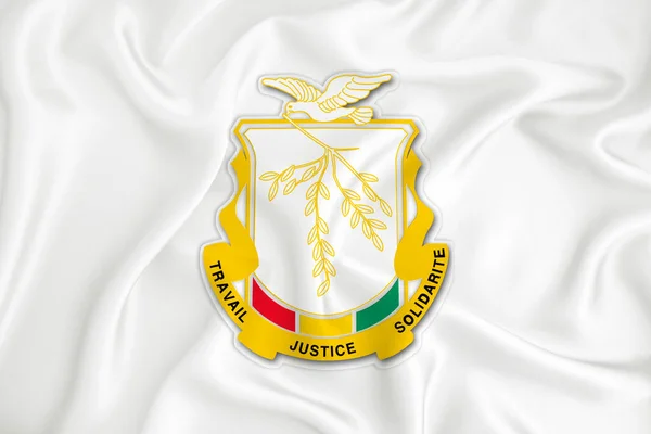 Una Bandera Blanca Desarrollo Con Escudo Armas Guinea Símbolo Del — Foto de Stock