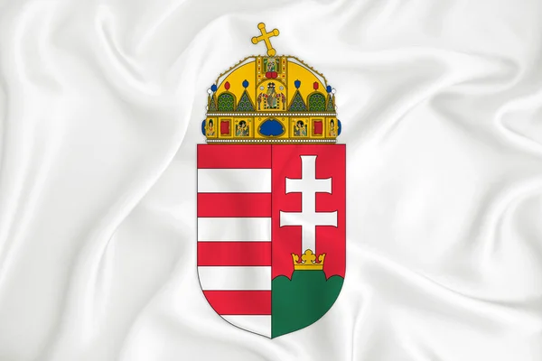 Una Bandera Blanca Desarrollo Con Escudo Armas Hungría Símbolo Del — Foto de Stock