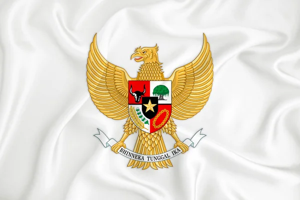 Endonezya Garuda Pancasila armalı gelişmekte olan beyaz bir bayrak. Ülke sembolü. İllüzyon. Orijinal ve basit arma resmi renklerde ve doğru oranlarda.