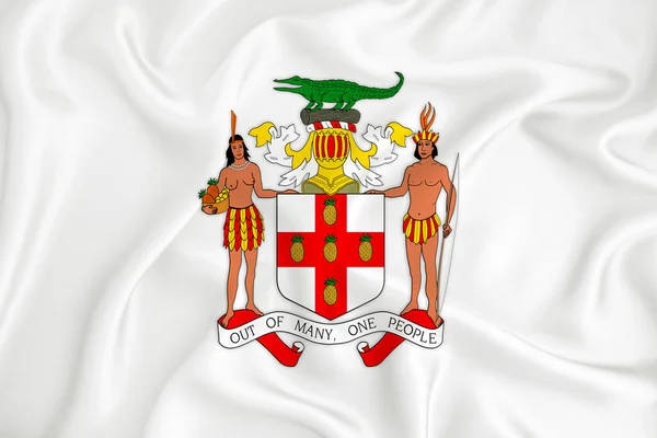 Una Bandera Blanca Desarrollo Con Escudo Armas Jamaica Símbolo Del —  Fotos de Stock
