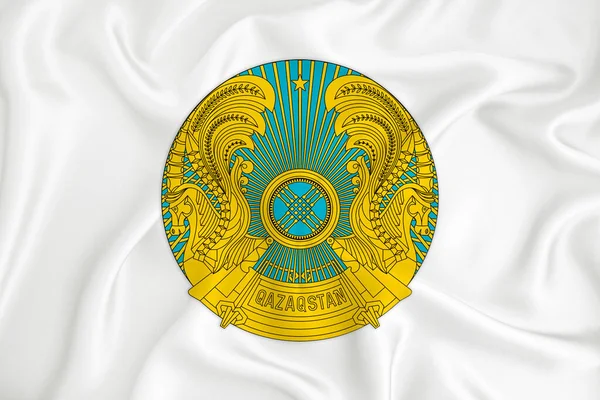 Rozwijająca Się Biała Flaga Herbem Kazachstanu Symbol Kraju Ilustracja Oryginalny — Zdjęcie stockowe
