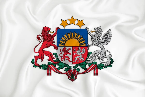 Uma Bandeira Branca Desenvolvimento Com Brasão Armas Letónia Símbolo País — Fotografia de Stock