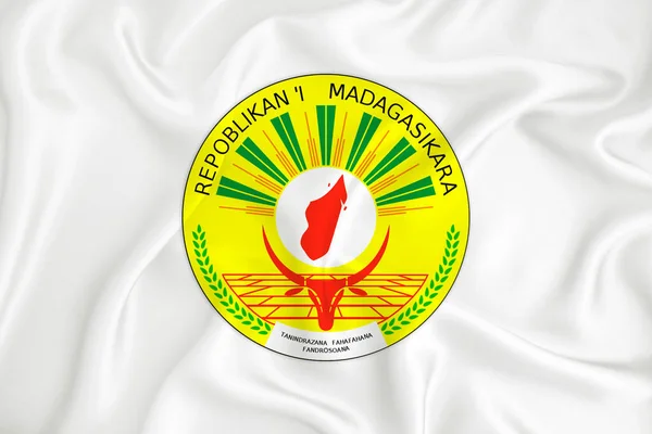 Rozvíjející Bílá Vlajka Erbem Madagaskaru Symbol Země Ilustrace Originální Jednoduchý — Stock fotografie