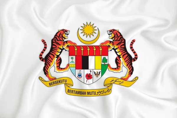 Una Bandera Blanca Desarrollo Con Escudo Armas Malasia Símbolo Del —  Fotos de Stock