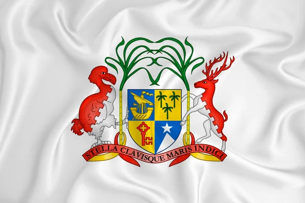 モーリシャスの紋章を持つ発展途上の白い旗 国のシンボル イラスト 正式な色と適切な割合で腕のオリジナルとシンプルなコート — ストック写真