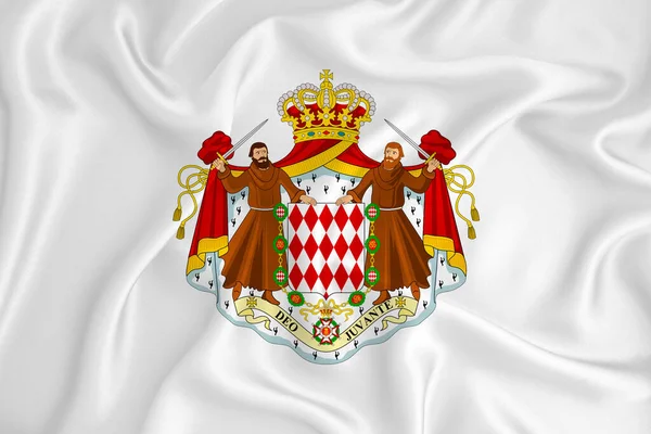 Rozwijająca Się Biała Flaga Herbem Monako Symbol Kraju Ilustracja Oryginalny — Zdjęcie stockowe