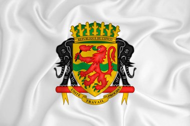 Gelişmekte olan beyaz bir bayrak ve Kongo Cumhuriyeti arması. Ülke sembolü. İllüzyon. Orijinal ve basit arma resmi renklerde ve doğru oranlarda.