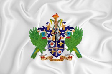 Aziz Lucia arması olan gelişmekte olan beyaz bir bayrak. Ülke sembolü. İllüzyon. Orijinal ve basit arma resmi renklerde ve doğru oranlarda.