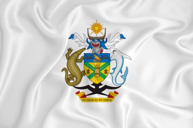 Solomon Adaları arması olan gelişmekte olan beyaz bir bayrak. Ülke sembolü. İllüzyon. Orijinal ve basit arma resmi renklerde ve doğru oranlarda.