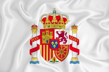 İspanya arması olan gelişmekte olan beyaz bir bayrak. Ülke sembolü. İllüzyon. Orijinal ve basit arma resmi renklerde ve doğru oranlarda.