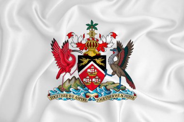 Trinidad ve Tobago arması olan gelişmekte olan beyaz bir bayrak. Ülke sembolü. İllüzyon. Orijinal ve basit arma resmi renklerde ve doğru oranlarda.