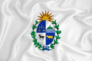 Uruguay armalı, gelişmekte olan beyaz bir bayrak. Ülke sembolü. İllüzyon. Orijinal ve basit arma resmi renklerde ve doğru oranlarda.