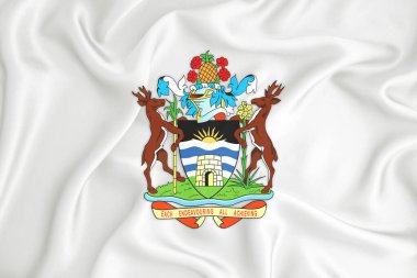Antigua ve Barbuda armalı gelişmekte olan beyaz bir bayrak. Ülke sembolü. İllüzyon. Orijinal ve basit arma resmi renklerde ve doğru oranlarda.