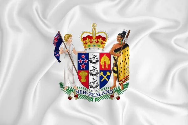 Sebuah Bendera Putih Yang Sedang Berkembang Dengan Lambang Selandia Baru — Stok Foto