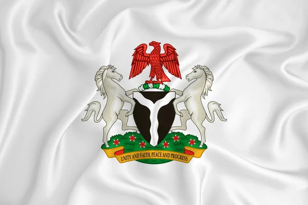 Una Bandera Blanca Desarrollo Con Escudo Armas Nigeria Símbolo Del — Foto de Stock