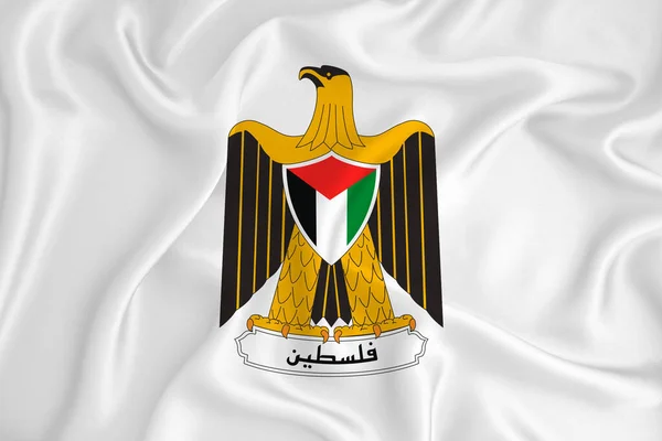 Una Bandera Blanca Desarrollo Con Escudo Armas Palestina Símbolo Del —  Fotos de Stock