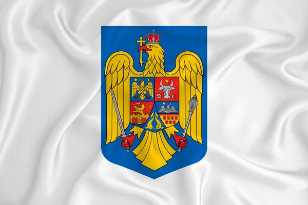Uma Bandeira Branca Desenvolvimento Com Brasão Armas Roménia Símbolo País — Fotografia de Stock