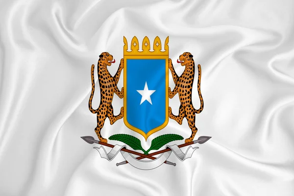 Una Bandera Blanca Desarrollo Con Escudo Armas Somalia Símbolo Del — Foto de Stock