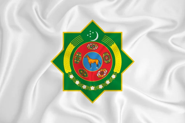 Een Ontwikkelende Witte Vlag Met Het Wapen Van Turkmenistan Landsymbool — Stockfoto