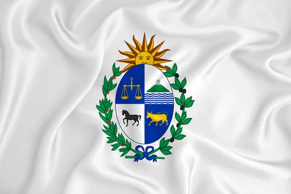 Växande Vit Flagga Med Uruguays Vapensköld Landssymbol Illustration Original Och — Stockfoto