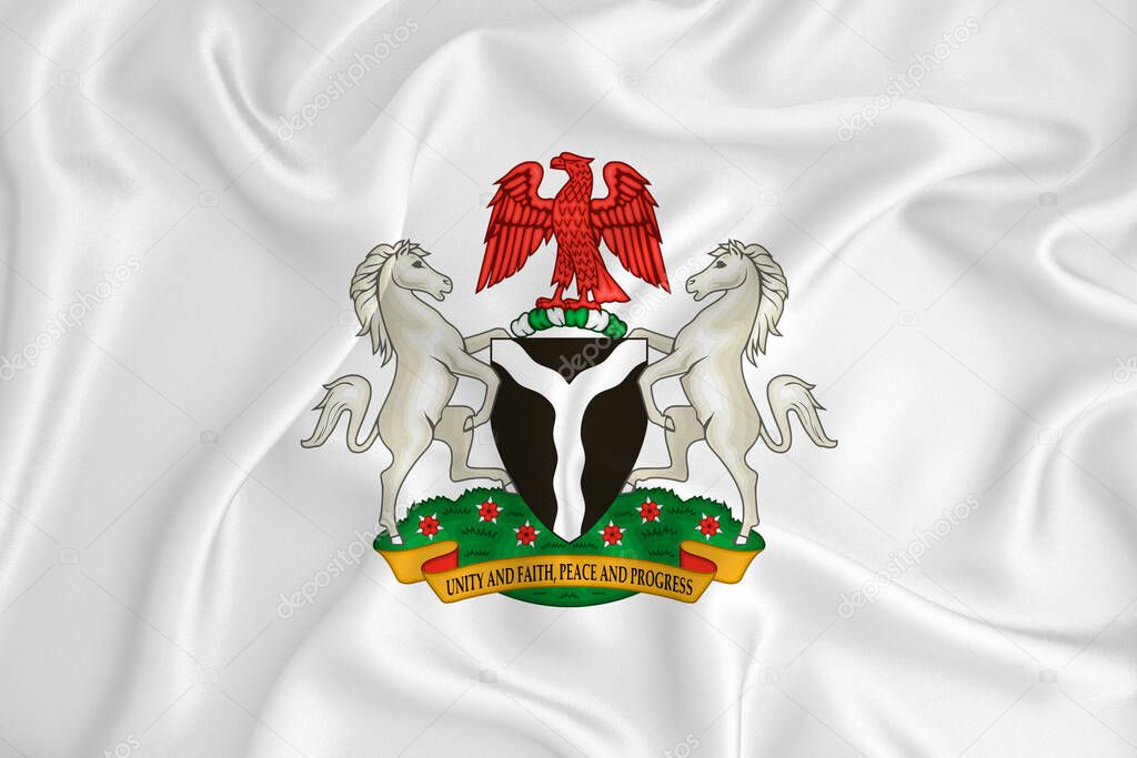 A developing white flag with the coat of arms of Nigeria. Country symbol. Illustration. Original and simple coat of arms in official colors and the right proportion