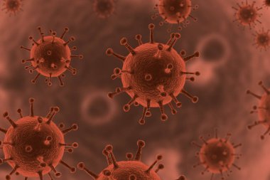 COVID-19 virüsü mikroskop altında. Kırmızı koronovirüsün tıbbi çizimi. Çin 'in solunum gribi virüsü virüsü virüsünün virüs hücreleri. Birçok virüsün salgın riski var. 3d illüstrasyon
