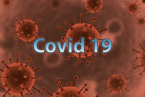 COVID-19 virus under the microscope. Medical illustration of a red coronovirus. China\'s agent for respiratory flu virus quid viral cells. A pandemic risk background with many viruses. 3d illustration